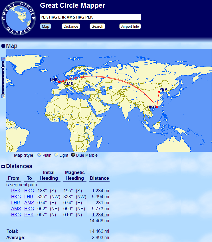 CA̻̩  HKG-LHR(ͷ)+AMS-HKG()