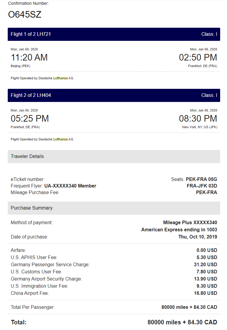 LH biz LH721 LH 404 PEK-FRA-JFK