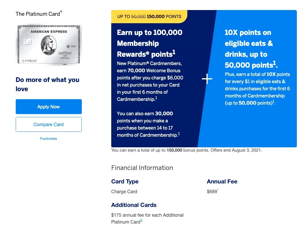 ô AMEX PLATINUM  UP TO 150,000 POINTS