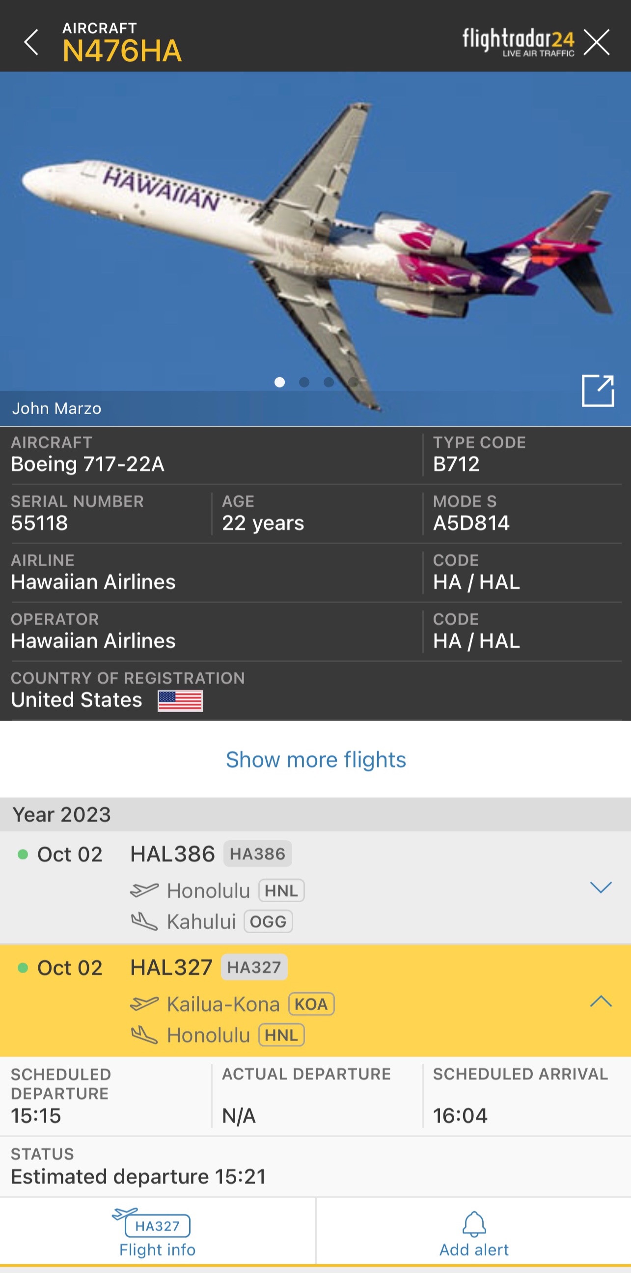 Ŀаʿ-HA 327(KOA-HNL)