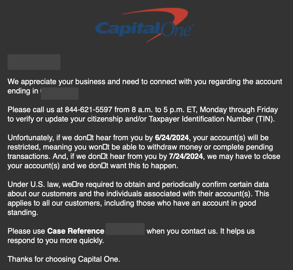 յ Capital One  KYC ʼô죿