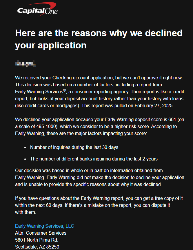 Capital One  Early Warning Deposit Score ܾҵ֧Ʊ˻룬û